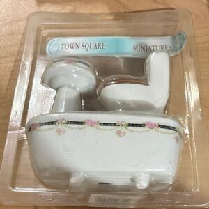 White Porcelain Dollhouse Bathroom Set with Floral Trim